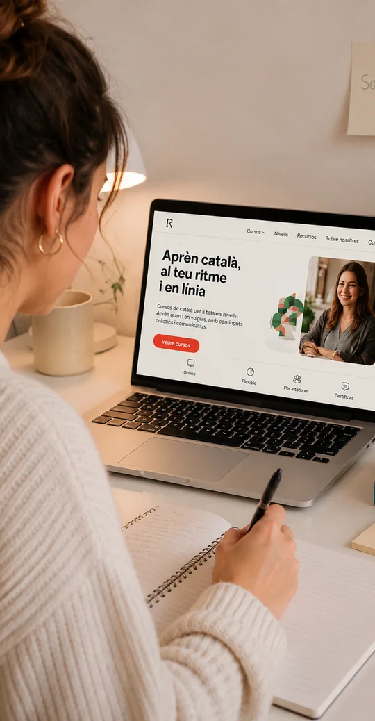 Alumna fent un curs de català en línia al seu ritme amb l'ordinador